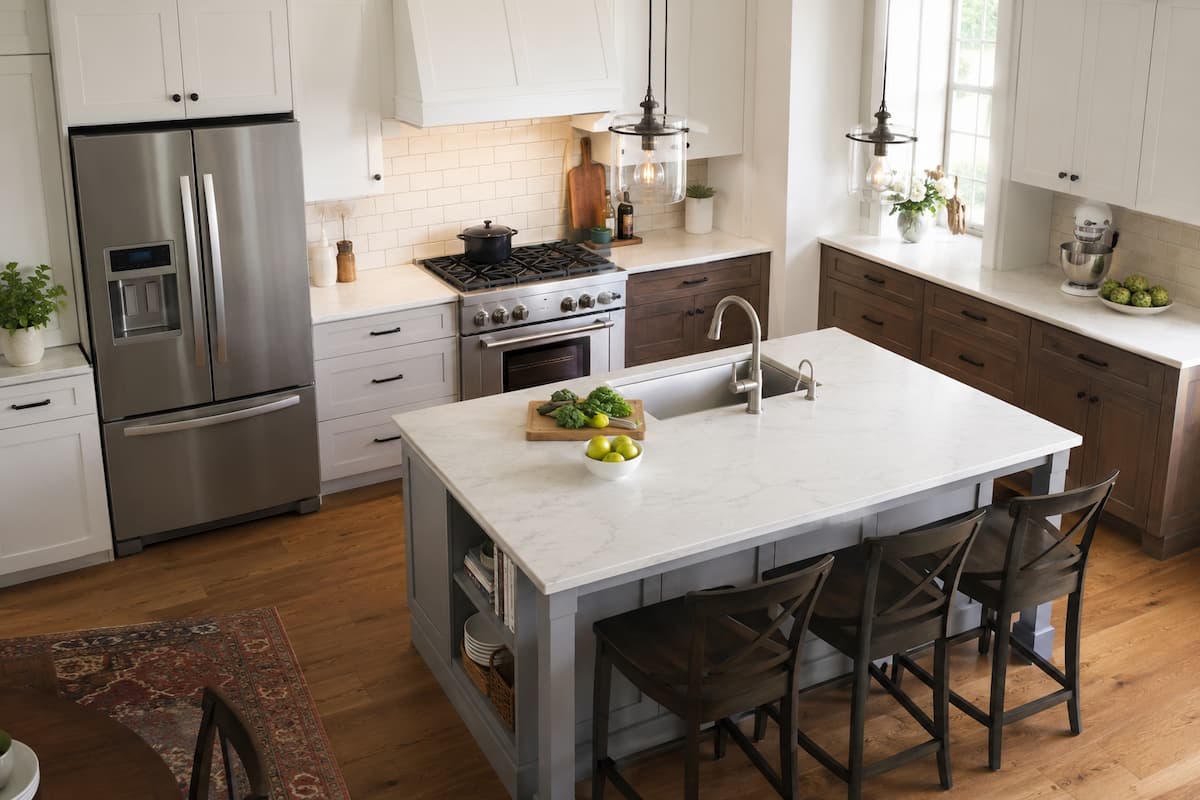 Cocina moderna con isla central, fregadero, zona de cocción y frigorífico distribuidos para mejorar el triángulo de trabajo.
