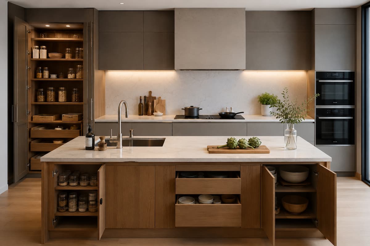 Cocina contemporánea con isla, almacenaje accesible, fregadero y zona de cocción planificados para una ergonomía eficiente.