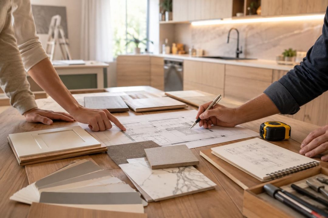 Profesionales revisando planos y materiales para una reforma de cocina bien planificada.