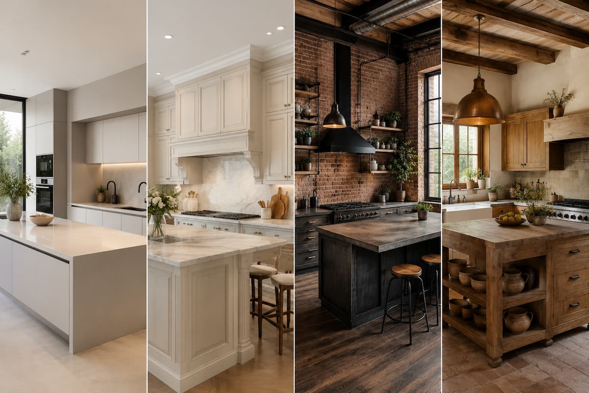 Comparativa visual de cocina moderna, clásica, industrial y rústica en cuatro ambientes diferenciados.