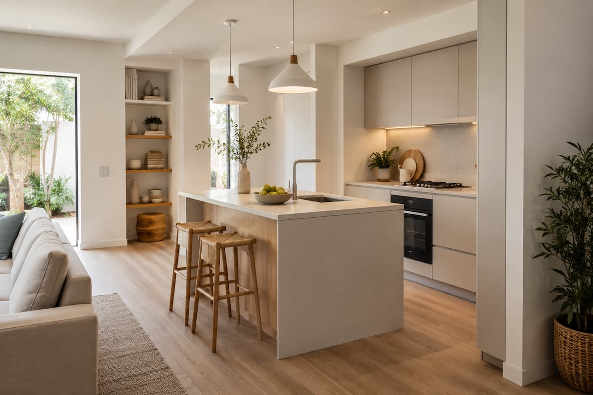 Cocina abierta al salón con isla compacta, taburetes de madera, tonos neutros y diseño pensado para aprovechar el espacio disponible.