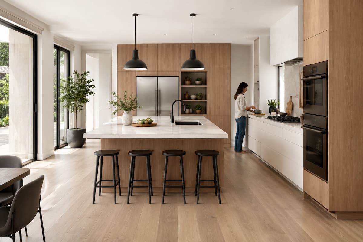 Cocina luminosa con isla grande, encimera blanca, muebles de madera y zona de trabajo separada para una distribución cómoda y funcional.